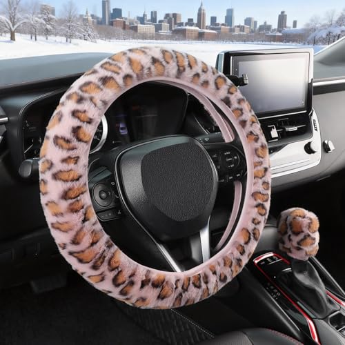 SEG Direct Furry Car Steering Wheel Cover with Gear Shift Cover, Soft and Warm, Cute Fluffy Auto Decor for Women Men, Standard Size, 2 PCS Set, Pink Leopard - color: Pink Leopard