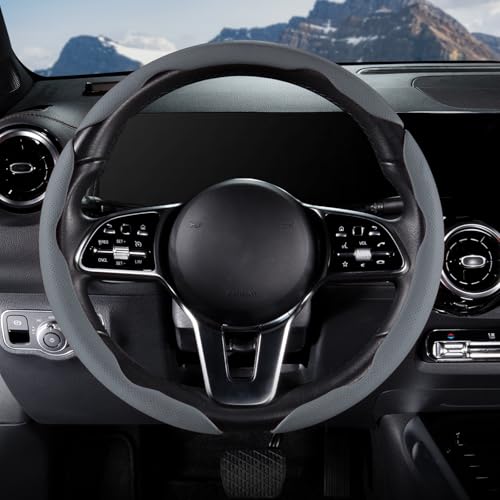Car Steering Wheel Cover Leather Snap On 3Pcs Set Non-Slip Protector Wrap Steering Wheel Accessories 14.5-15 inch Universal Gray - color: Gray