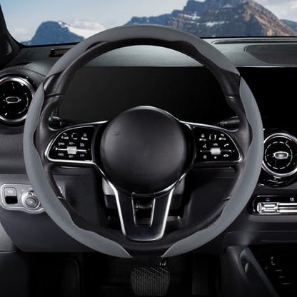 Car Steering Wheel Cover Leather Snap On 3Pcs Set Non-Slip Protector Wrap Steering Wheel Accessories 14.5-15 inch Universal Gray - color: Gray