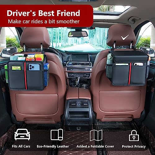 Hanging Car Seat Organizer with Lid - Premium PU Leather Backseat Organizer for Kids & Adults (Black) - style: With Lid