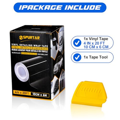 Spurtar Gloss Black Vinyl Wrap 4 Inch x 20ft Air-Release Adhesive Car Vinyl Tape Chrome Delete Wrap Roll DIY Car Exterior Decoration Door Edge Guard Vehicle Detailing Paper 10CM x 6M - size: 4 in x 20 ft