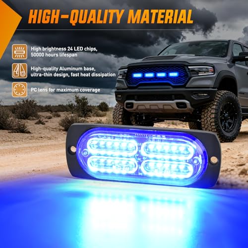 Nilight 4PCS 24LED Emergency Strobe lights 12V 24V Blue Surface Mount Grille Hazard Safety Warning Light Sync Feature Side Flashing Marker Flash for Car Truck Campers - color: Blue