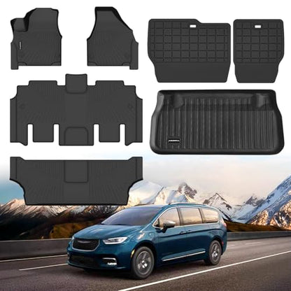 All Weather Car Floor Mats for Chrysler Pacifica 2017-2025 Gas 7 Seater Touring (Non Hybrid & Non Pinnacle)/2020-2025 Chrysler Voyager, Cargo Liner with Backrest Mat for 2025 Pacifica Accessories - size: Floor Mats for Pacifica 2017-2025 Gas