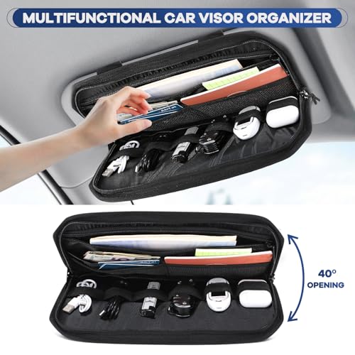 Denchy Molle Car Sun Visor Organizer with Zipper Storage Pouch and Sunglasses Holder Clip, Tactical Sunvisor Organizers for Trucks, Universal Molle Panel Accessories for Truck SUV Police Car Gear