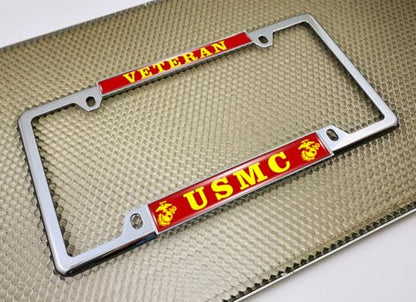[Officially Licensed US Marine Corps Product] - Veteran USMC with EGA Emblem - Domed Custom-Made Personalized Thin Top 4-Hole Metal Car License Plate Frame with Free caps - Chrome Frame (Qty: 1) - color: Chrome - Style 2