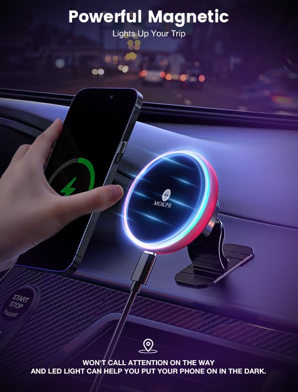 MOKPR for Magsafe Car Mount Charger-15W Wireless Car Charger-Magnetic Car Phone Holder for Dash Air Vent-LED RGB HandsFree Car Mount Fast Car Charger for iPhone 16 15/14/13/12 Series RED - color: Red