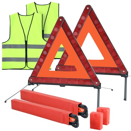 2 Pack Emergency Triangle + 2 Pack Reflective Vest, Foldable Reflective Emergency Triangles Roadside with Reflective Warning Vest, Base Roadside Triangle Kit, Roadside Emergency Car Kit