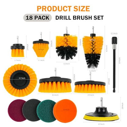 18PCS Drill Brush Attachments Set, Power Cleaning Scrub Brushes with Scrub Pads, Sponge, Extend Long Attachment, Cleaning Brush Supplies for Bathroom Bathtub, Grout, Tile, Sinks, Corners, Car Wheel