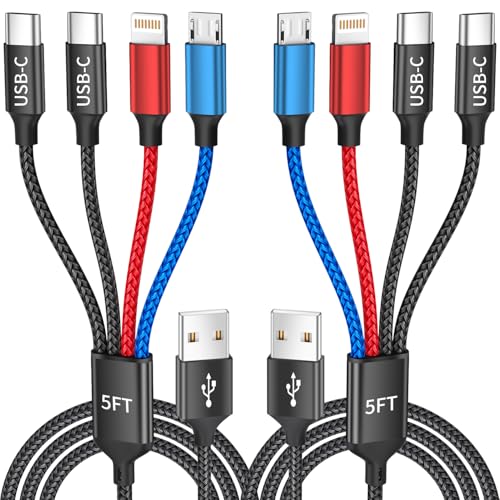 Dual Type-C 4 in 1 Multi Charging Cable for iPhone 17/ Galxy S26, Travel Cruise Essentials, USB Cable iPhone Charger Cord, Charging Cords for iPhone17-8/Androids/iPad and More, Car Charger (2Pack 5FT) - color: Multicolored