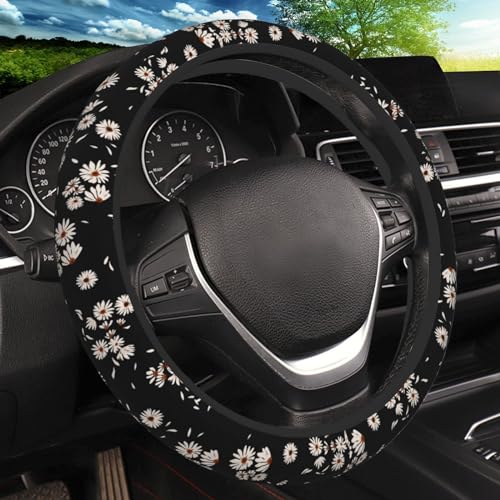 Black and White Daisies Elastic Steering Wheel Cover, Non-Slip Breathable Neoprene Steering Wheel Covers, Women Pink Car Accessories, Universal 15 Inch Fit Auto, Suvs, Truck - color: Black White Daisy
