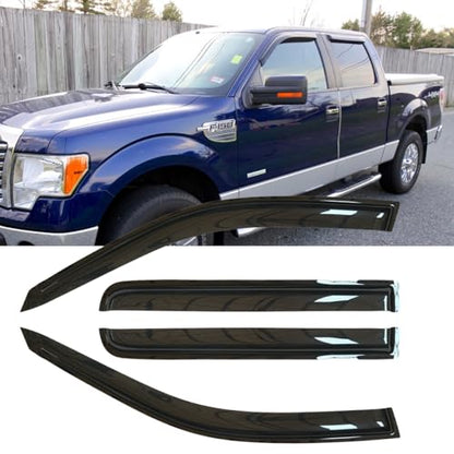 4pcs Original Shatterproof Outside Mount Style Window Rain Guard Shield Side Window Wind Deflectors Dark Smoke Vent Window Visors Compatible with 2009-2014 F-150 SuperCrew/Crew Cab Only 94155 - size: for F-150 09-14 SuperCrew/Crew Cab