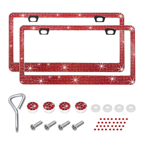 2 PCS Bling License Plate Frame, Stainless Steel Glitter Crystal Diamond License Plate Cover Holder, Sparkly Bedazzled Rhinestone Car Tag Covers for Women, Car Accessories (Red) - color: Red, size: 2PCS