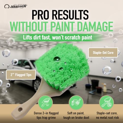 Nanoskin Pro-Grade 8.5" Car Detailing Brush - Durable Green Polystyrene Flagged Bristles, Acid Resistant, Gentle Surface Cleaning, Auto Wash, Tire & Wheel Scrub, Professional Automotive Detailer Tool - size: 8.5"