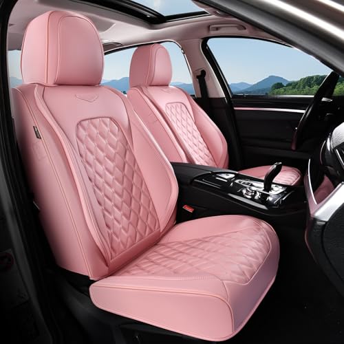 Coverado Front Seat Covers, Luxury Faux Leather Breathable Waterproof Protectors, Universal Fit for Cars, SUVs, Trucks, Durable Car Seat Protectors, Waterproof Car Cushions – Pink - color: B/Pink, size: Front