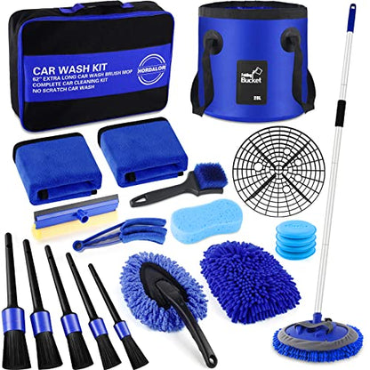 21Pcs Car Wash Kit,62" Car Wash Brush Mop with Long Handle,Car Cleaning Kit,Car Detailing Brush Set,Car Wash Bucket with Filter,Windshield Window Squeegee for Cars RV Truck Boat (Blue)
