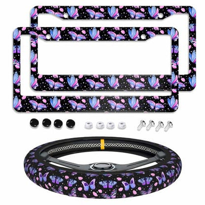Butterfly Purple License Plate Frames 2pc Butterfly Purple License Plate Frames Butterflys Steering Wheel Cover Steering Wheel Cover Cars Aluminum with Fits Standard Us Ca Vehicles - color: Butterfly Purple