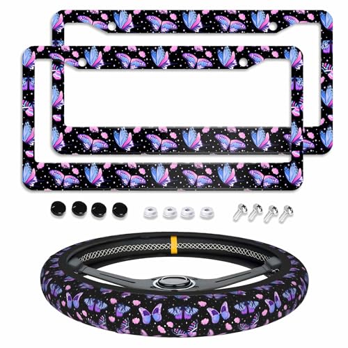 Butterfly Purple License Plate Frames 2pc Butterfly Purple License Plate Frames Butterflys Steering Wheel Cover Steering Wheel Cover Cars Aluminum with Fits Standard Us Ca Vehicles - color: Butterfly Purple