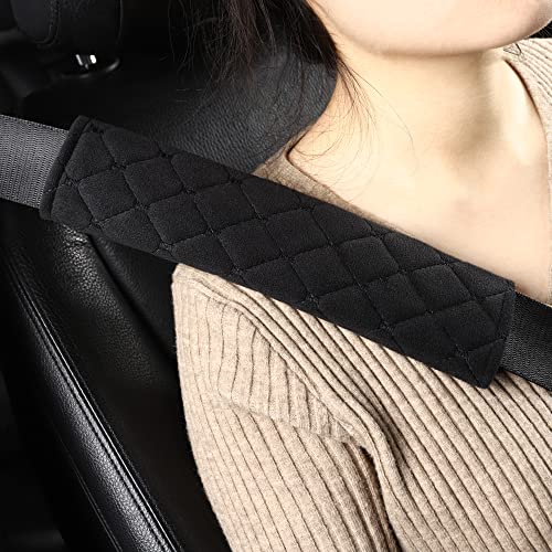 Tapha Plush Car Seat Belt Cover and Shoulder Pad Cushions Improve Driving Comfort, 2 PCS Included and Compatible with All Vehicles (Black) - color: Black