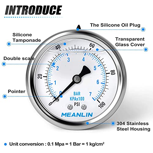 MEANLIN MEASURE 0~100Psi Stainless Steel 1/4" NPT 2.5" FACE DIAL Liquid Filled Pressure Gauge WOG Water Oil Air Center Back Mount, with 1/2" NPT and 3/8" NPT Hex Bushing - size: 0-100Psi