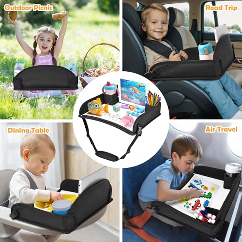 Kids Travel Tray for Toddler Carseat, Road Trip Activities Essentials for Toddler, Kids Lap Desk Tray with Tablet Holder Stand ＆ Dry Erase Board (Black) - color: Black