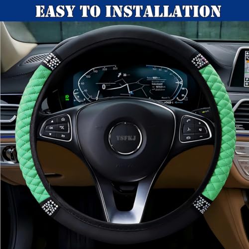 Soft Leather Car Steering Wheel Cover, Universal 15 Inch Colorful Rhinestones Anti-Slip Elastic Steering Wheel Covers for Most Cars, Sparkly Crystal Diamond for Women Girls (Green) - color: Green
