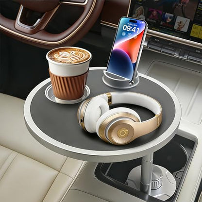 Car Food Tray & Car Table Tray with Car-Grade Aluminum Cup Holder & Phone Stand,360° Rotating Car Desk for Laptop & Eating, Compatible with Tesla Model Y/3/S, Best Fit Round Cup Holder (2.28" - 3.66") - color: 𝗥𝗼𝘂𝗻𝗱 · Black
