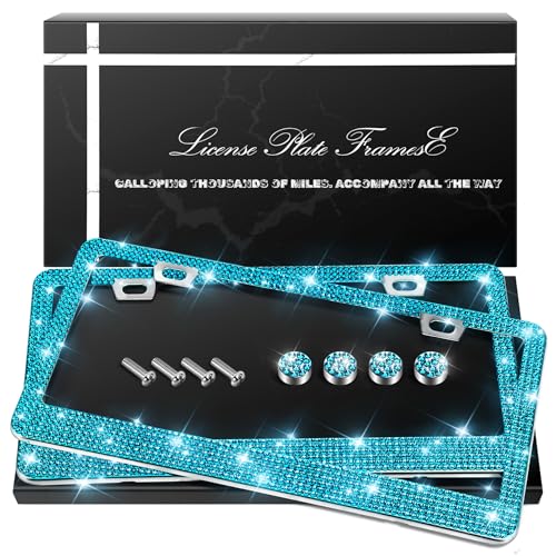 QUANQIUFEI 2 Pack Bling License Plate Frames, Sparkly Rhinestone Diamond Car License Plate Cover for Women, Stainless Steel Car Accessories with Glitter Crystal Caps (Blue Zircon) - color: Blue Zircon
