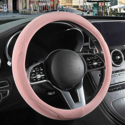 14 inch Pink Suede Steering Wheel Cover, Breathable Non-Slip Sweat-Proof Wear-Resistant No Pilling, Warm in Winter and Cool in Summer - color: Pink, size: Round-S[13.5''-14'']