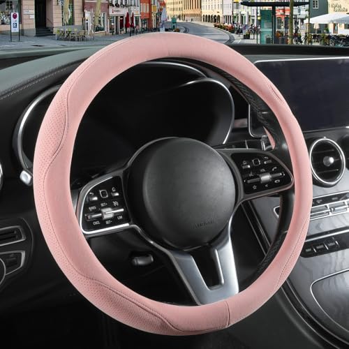 14 inch Pink Suede Steering Wheel Cover, Breathable Non-Slip Sweat-Proof Wear-Resistant No Pilling, Warm in Winter and Cool in Summer - color: Pink, size: Round-S[13.5''-14'']