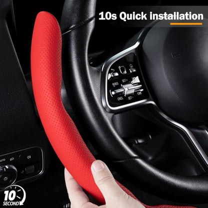 Nappa Leather Car Steering Wheel Cover for Men Women, Ultra-Thin Non-Slip Breathable Microfibre, Universal for 14.5"-15" Steering Wheel - Red - color: Red