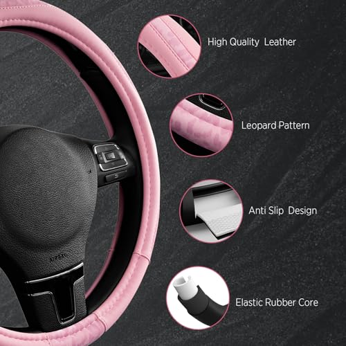Road Comforts Steering Wheel Cover - Made with PVC Leather and Leopard Fabric - Universal 14 1/2 inches to 15 inches for Most Automotive Steering Wheel - Cheetah Print - All Pink - color: Round-All Pink