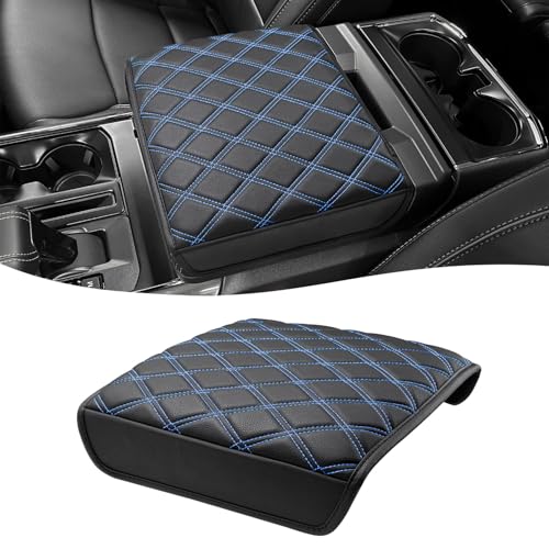 Center Console Armrest Cover for Ford F150 2021 2022 2023 2024 2025 2026, Arm Rest Cushion Pad Protector, Interior Accessories, Black-Blue Stitch (Fits Work Surface Console Only) - size: Work Surface, 21-26 F150, Blue Stitch