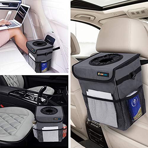 SUN CUBE Waterproof Car Trash Can with Lid, Mesh Pockets | Leakproof Car Garbage Can Hanging | Auto Trash Bin, Garbage Bag Organizer for Headrest, Console, Truck (Dark Gray) - color: Dark Grey