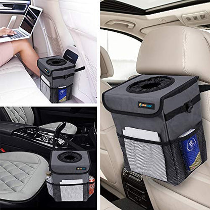 SUN CUBE Waterproof Car Trash Can with Lid, Mesh Pockets | Leakproof Car Garbage Can Hanging | Auto Trash Bin, Garbage Bag Organizer for Headrest, Console, Truck (Dark Gray) - color: Dark Grey