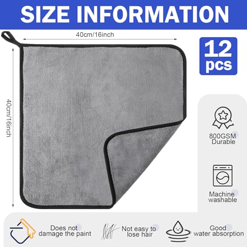 Tallew 12 Pcs Microfiber Towels for Cars, 800 GSM Plush Drying Cleaning Cloth Bulk, 16 x 16 Inch Thick Absorbent Wash Detailing Towels for Car Polishing, House, Kitchen Cleaning(Gray) - color: Gray