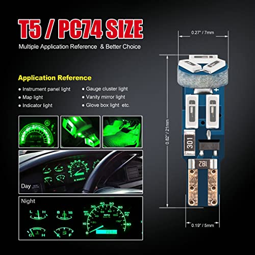 High Bright Green T5 37 74 PC74 PC37 LED Bulb with Twist Lock Socket for Dashboard Instrument Panel Gauge Cluster Light and Map Vanity Mirror Glove Box Indicator Light - color: Green