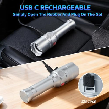 Small Safety Wand Flashlight for Traffic,Car,Emergency, USB C Rechargeable Torch with Working | Red Lights - color: Silver