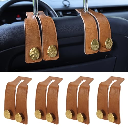 4 PCS Leather Car Seat Hooks for Headrest, Vehicle Hanger Storage Organizer Universal for Handbag Purse, Car Accessories Gift (Brown-Gold-4 PCS) - color: Brown-Gold-4 PCS