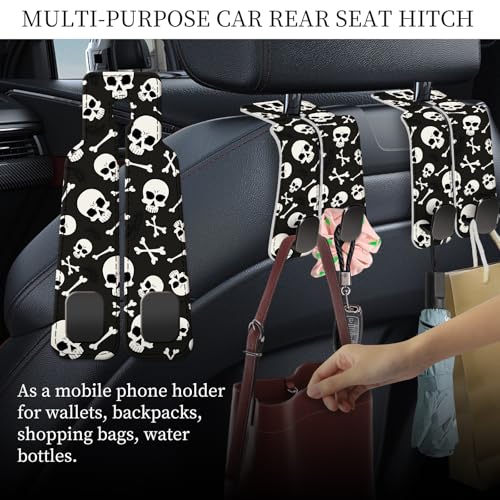 PU Leather Car Seat Hook, Storage Headrest Hanger, Cute Car Backseat Organizer, Car Hooks For Purses and Bags White Skull Black - color: White Skull Black