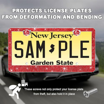 DXNQ 2PCS Bling License Plate Frame, Sparkly Rhinestone Diamond License Plate Cover with Crystal Screws Caps, Glitter Crystal Stainless Steel License Plate Holder for Women (Red) - color: Red, 2PCS