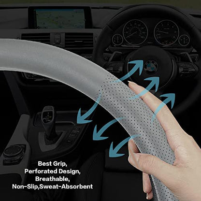 Car Steering Wheel Cover,Universal 15 Inch Premium Leather Car Steering Wheel Cover,Best Grip,Perforated Design,Breathable,Non-Slip,Sweat-Absorbent,Warm in Winter and Cool in Summer (Gray) - color: Gray