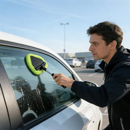 Microfiber Car Windshield Cleaning Tool with Extendable Handle,Car Defogging Glass Cleaning Brush with 4 Reusable Microfiber Pads 1 Spray Bottle and 1 Car Dust Removal Brush. (Green) - color: green