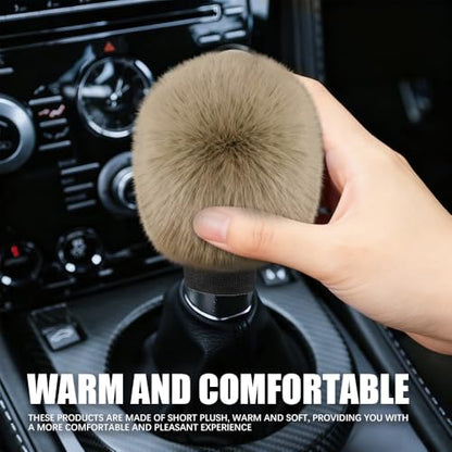 2PCS Plush Car Gear Shift Knob Cover & Handbrake Cover, Shift Knob Protector, Soft Fluffy Gear Handbrake Protective Sleeves, Shifter Lever Brake Handle Warm Plush Set for Cars (Khaki) - color: Khaki