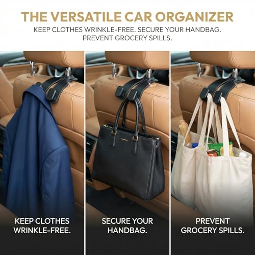 Car Headrest Hooks-4 Pack Heavy Duty Seat Hooks for Car Organizing, Universal Hanging Hooks for Purses Handbags Grocery Bags Coats, No-Slip Durable Car Accessories