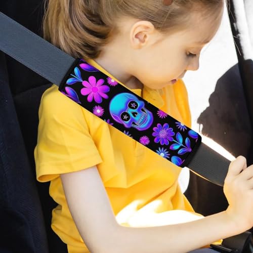 Men's Car Belt Covers 2PCS Fashion Cushion Pad Car Shoulder Strap Harness Pad Neon Purple Flowers Floral Skull - color: Color849