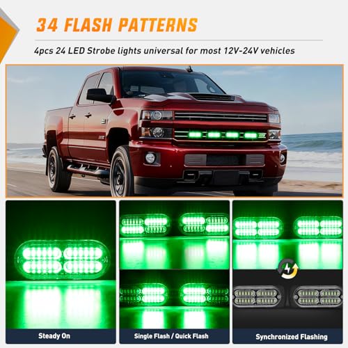 Nilight 4PCS 24LED Emergency Strobe lights 12V 24V Green Surface Mount Grille Hazard Safety Warning Light Sync Feature Side Flashing Marker Flash for Car Truck Campers - color: Green