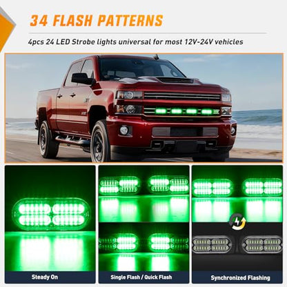 Nilight 4PCS 24LED Emergency Strobe lights 12V 24V Green Surface Mount Grille Hazard Safety Warning Light Sync Feature Side Flashing Marker Flash for Car Truck Campers - color: Green
