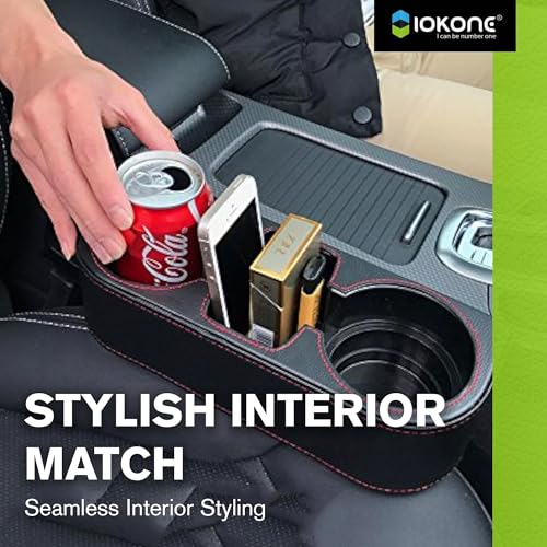 IOKONE Car Cup Holder, Auto Cup Drink Holders，Multifunctional Auto Front Seat Organizer with PU Leather Cover, Gap Filler Storage Box Coin Bucket Console Side Pocket Cell Mobile Phone Holder (Black) - color: Black