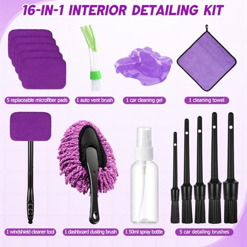 16 Pcs Windshield Cleaner Tool, Car Cleaning Kit with Various Detailing Brushes Set Spray Bottle Cleaner Towel Cleaning Gel Accessories Car Interior Detailing Kit for Windows Vents(Purple) - color: Purple