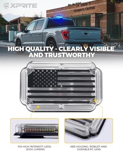 Xprite 108 LED Roof Top Strobe Light, US Flag Pattern Police Flashing Lights, Emergency Safety Warning LED Mini Strobe Lightbar w/Magnetic Base for Traffic Police Firefighter EMS Vehicle Truck, Blue - color: Blue